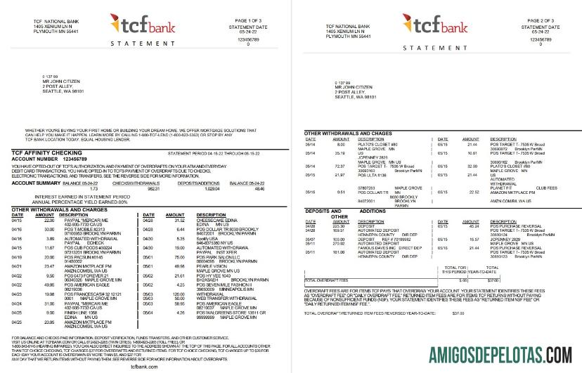 Extrato bancário TCF realista dos EUA, modelo Word e PDF, 3 páginas